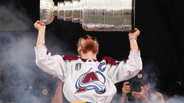 Colorado Avalanche left winger Gabriel Landeskog celebrates with the Stanley Cup.